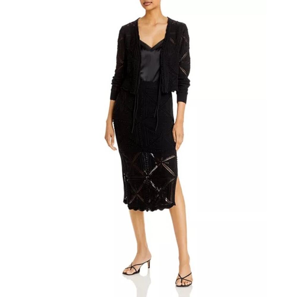 Rebecca Taylor Black Crochet Tie Cardigan & Slit Side Skirt Set S/M MSRP $550